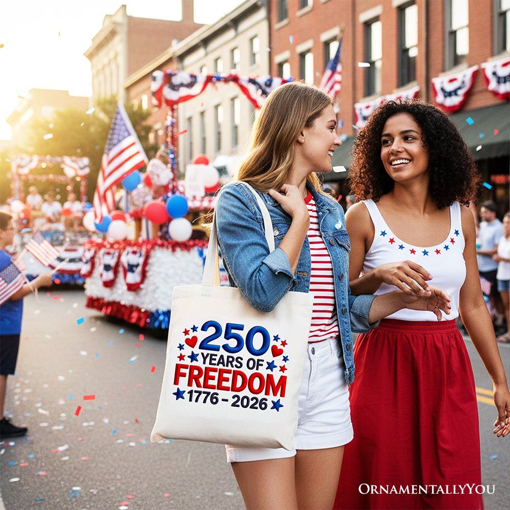 250 Years Freedom Faux Varsity Patch Tote Bag, 4th of July USA Patriotic 1776–2026 Gift Shopper