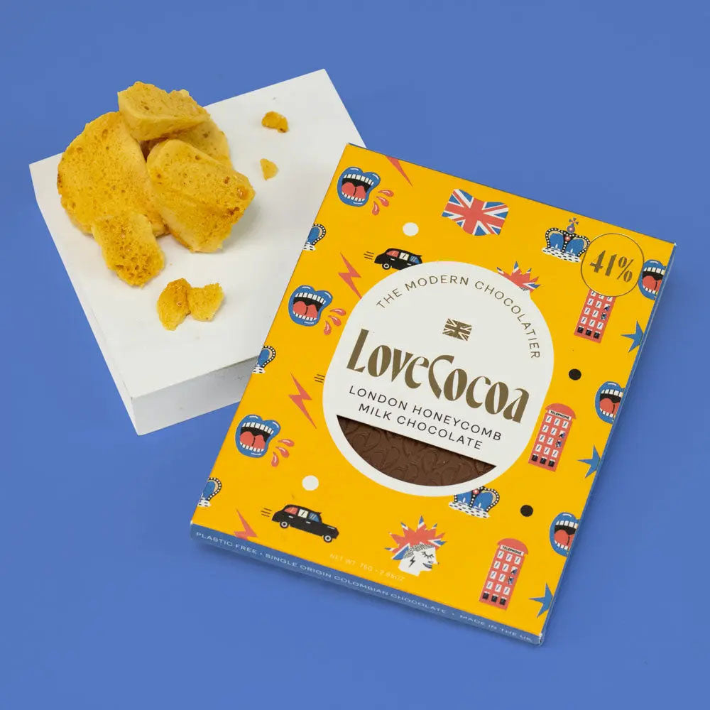 Love Cocoa Union Jack & Telephone Box Honeycomb Milk Chocolate Bar