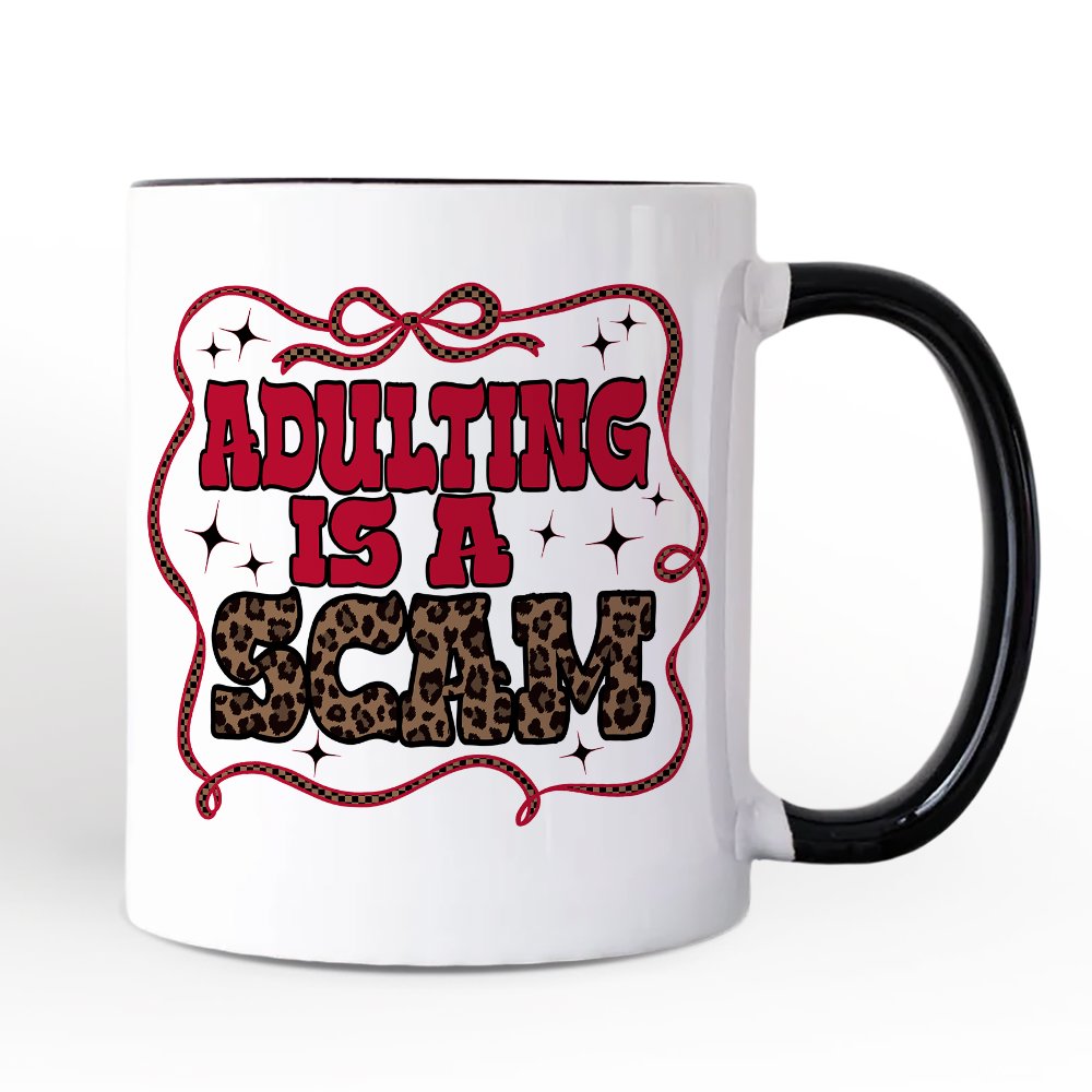 Adulting Is a Scam Humor Personalized Mug, Leopard Retro Western Gift with Custom Name
