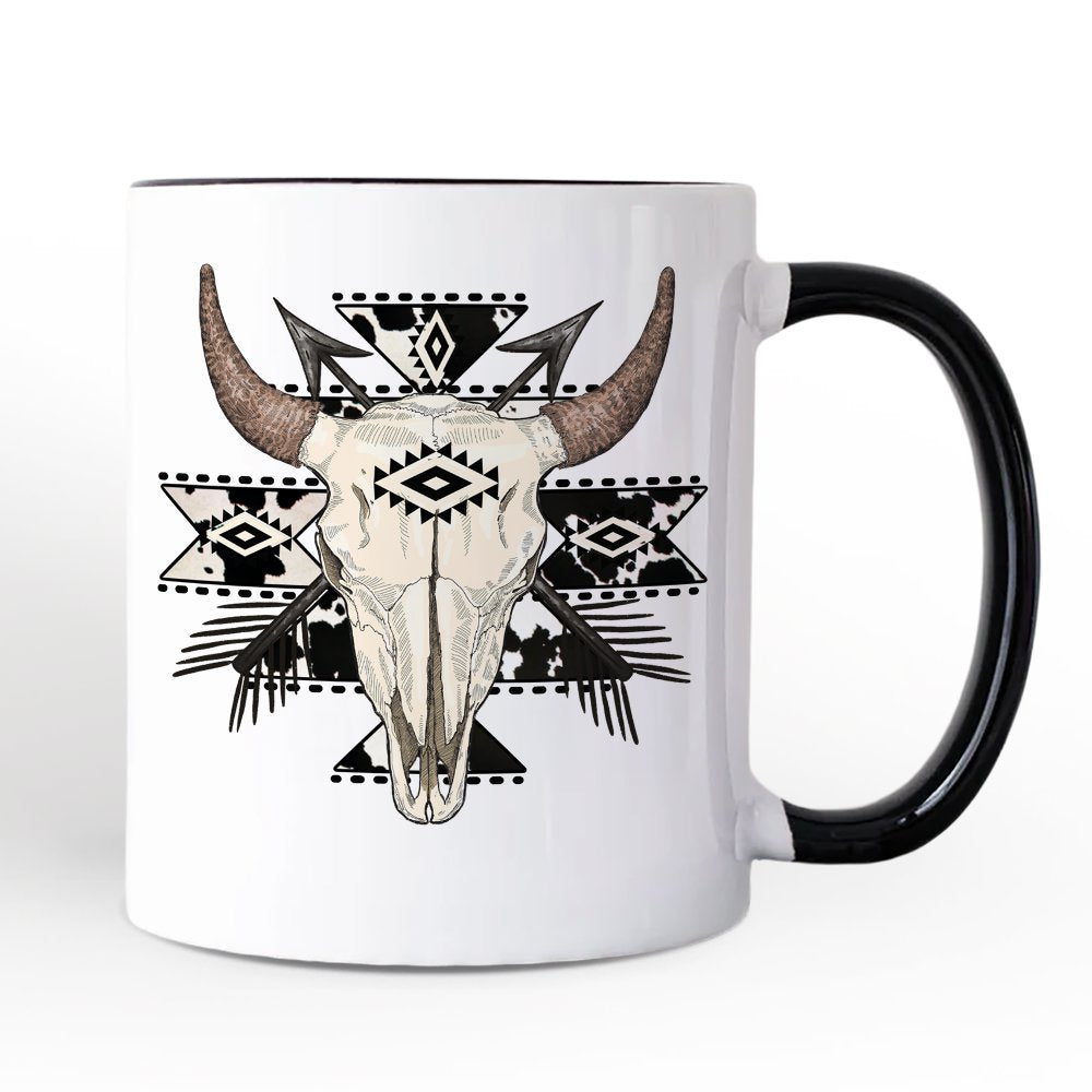 Aztec Tribal Bull Skull Personalized Mug, Western Boho Gift with Custom Name