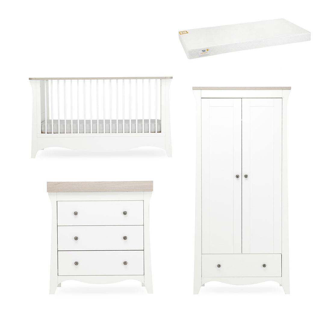 CuddleCo Clara 3 Piece Set 3-Drawer Dresser Cot Bed + Wardrobe - White/Ash