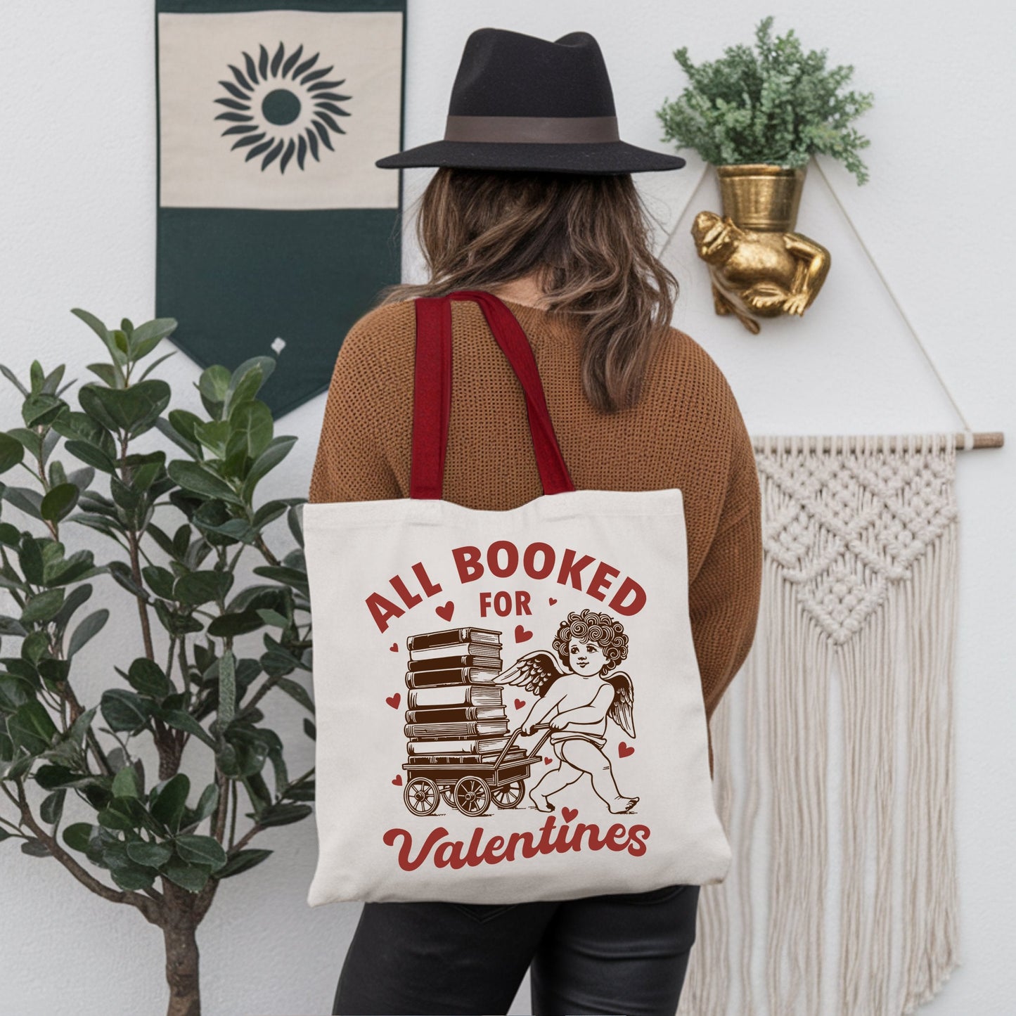 All Booked For Valentines Cupid Canvas Tote Bag, Vintage Funny Bookworm Gift