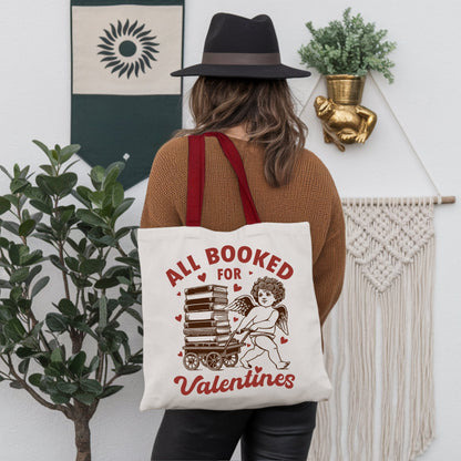 All Booked For Valentines Cupid Canvas Tote Bag, Vintage Funny Bookworm Gift