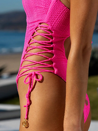 Square Neck Laced Up One-Piece