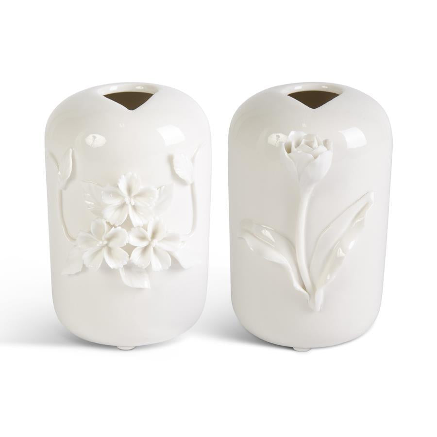 Tall White Ceramic Vase w/ Raised Flowers Set