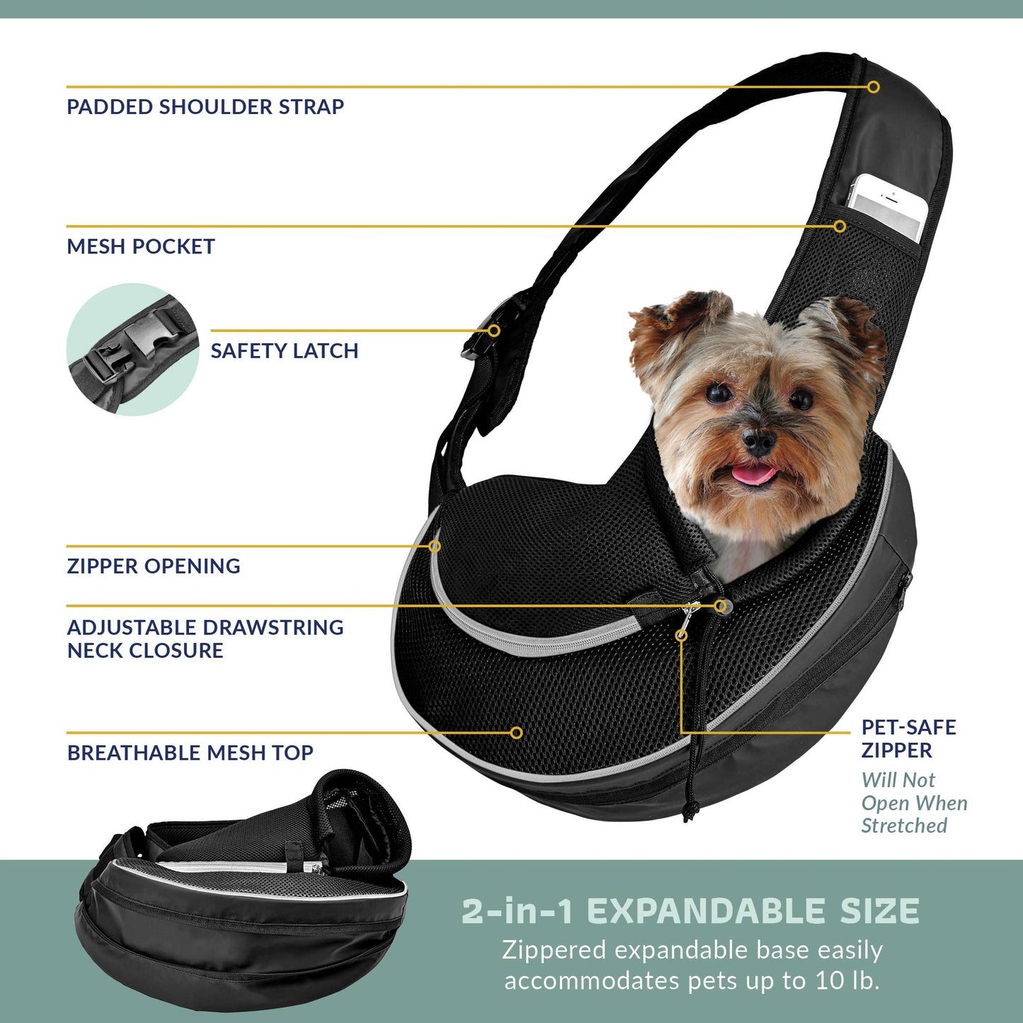 Katziela - Pet Carrier Expandable Sling For Small Dogs And Cats Black