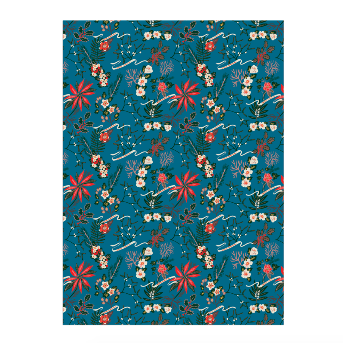 Blue Poinsettia Gift Wrap Roll -roll of 3 sheets