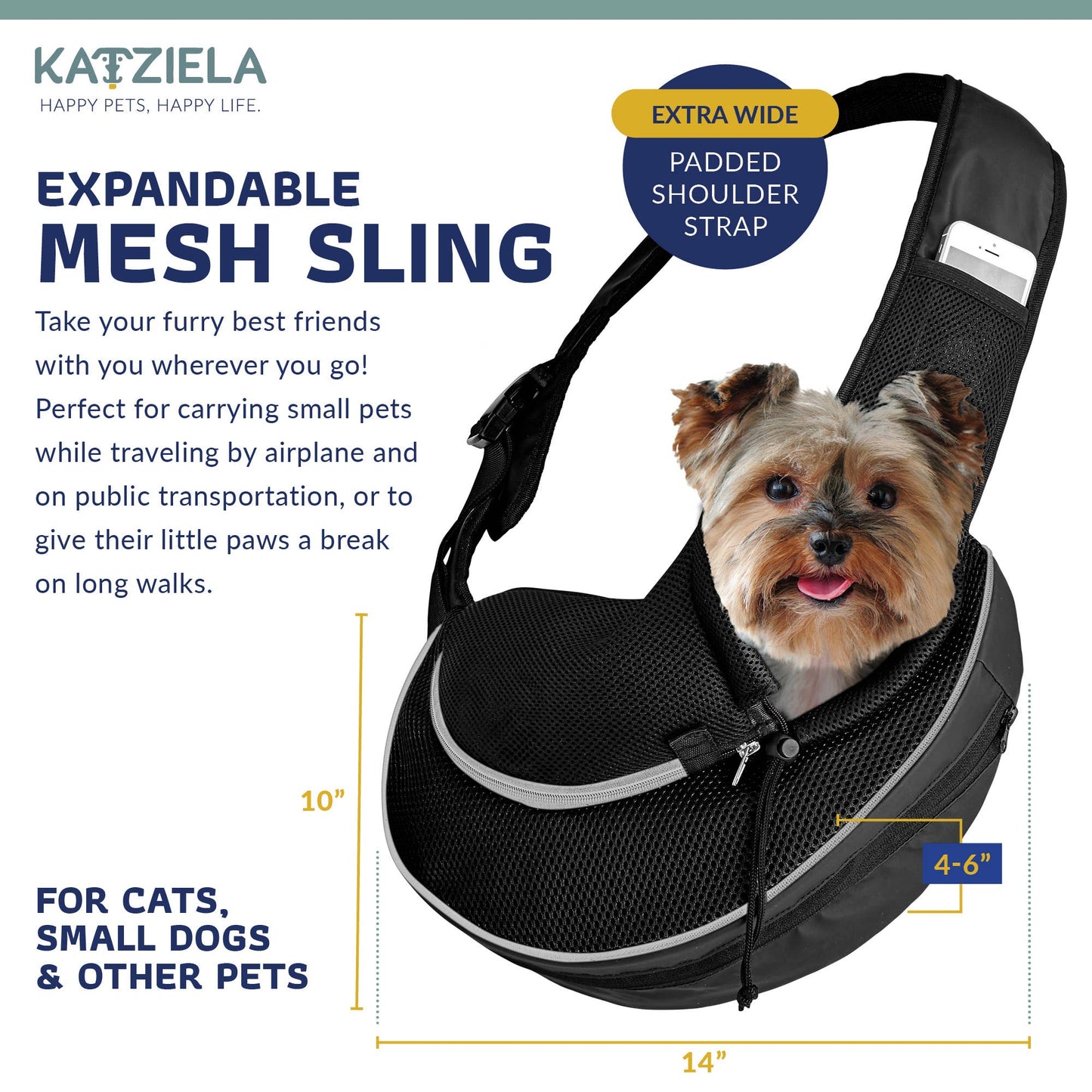 Katziela - Pet Carrier Expandable Sling For Small Dogs And Cats Black