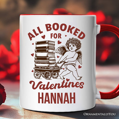 All Booked For Valentines Cupid Personalized Mug, Vintage Funny Bookworm Gift with Custom Name