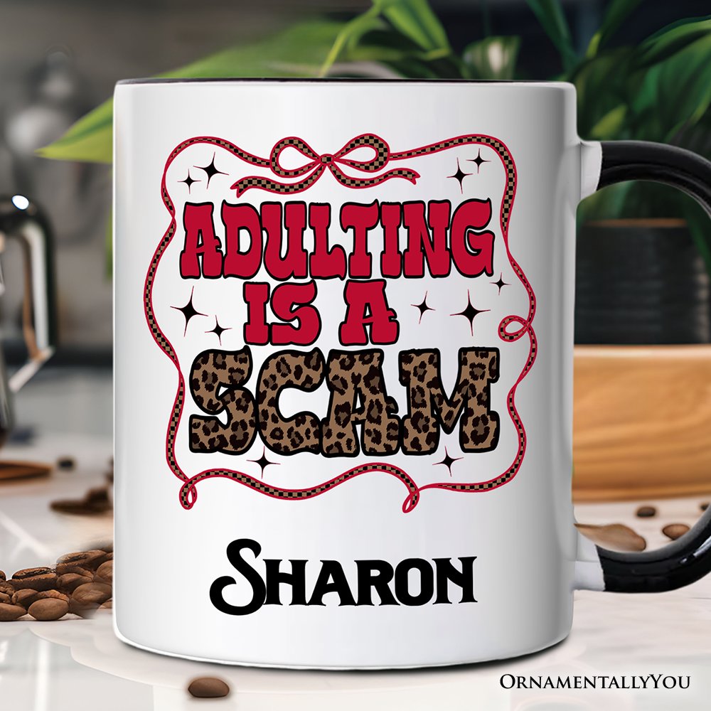 Adulting Is a Scam Humor Personalized Mug, Leopard Retro Western Gift with Custom Name