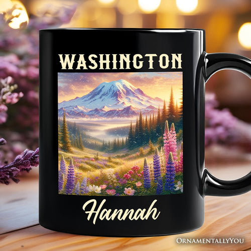 Artistic Mount Rainier Washington State Personalized Mug, National Park Gift and Pacific Northwest Souvenir with Custom Name
