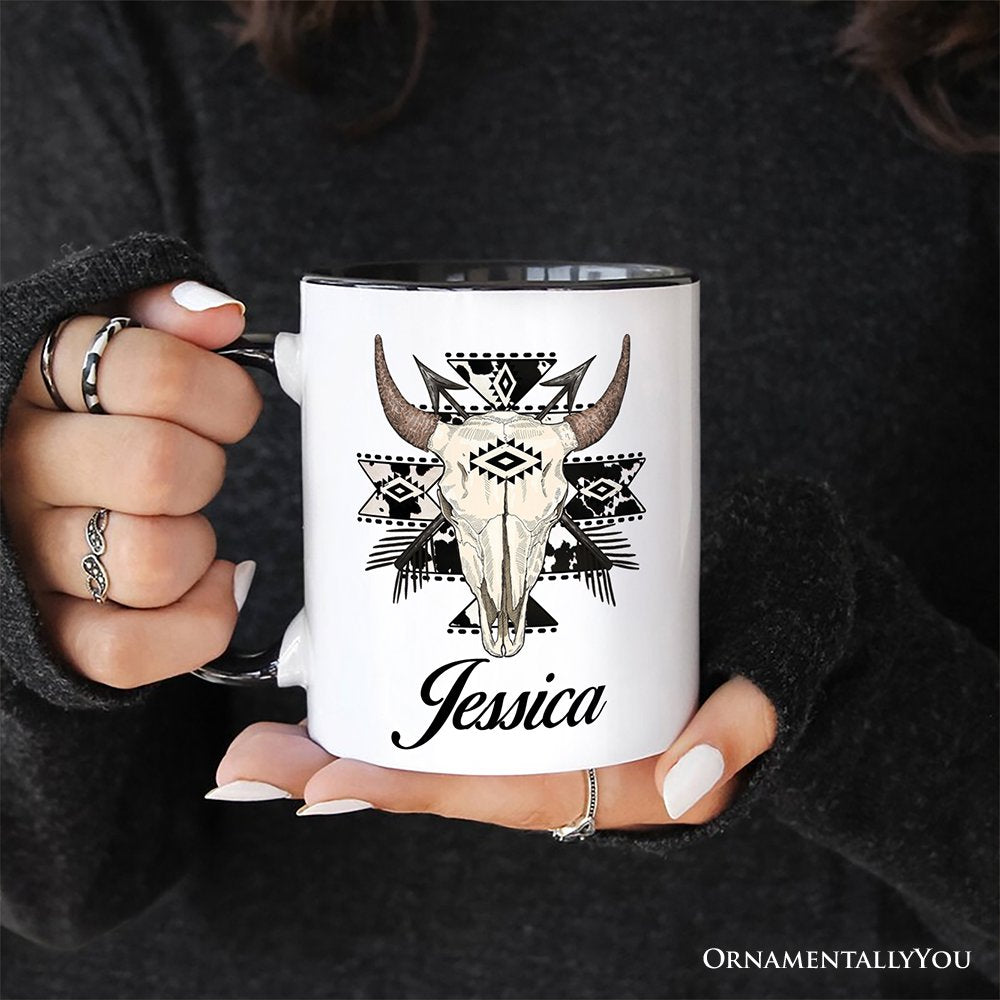Aztec Tribal Bull Skull Personalized Mug, Western Boho Gift with Custom Name