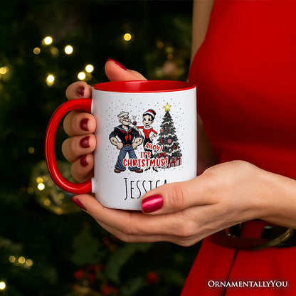 Ahoy! It's Christmus! Popeye and Olive Personalized Mug, Vintage Sailor Christmas Gift with Custom Name