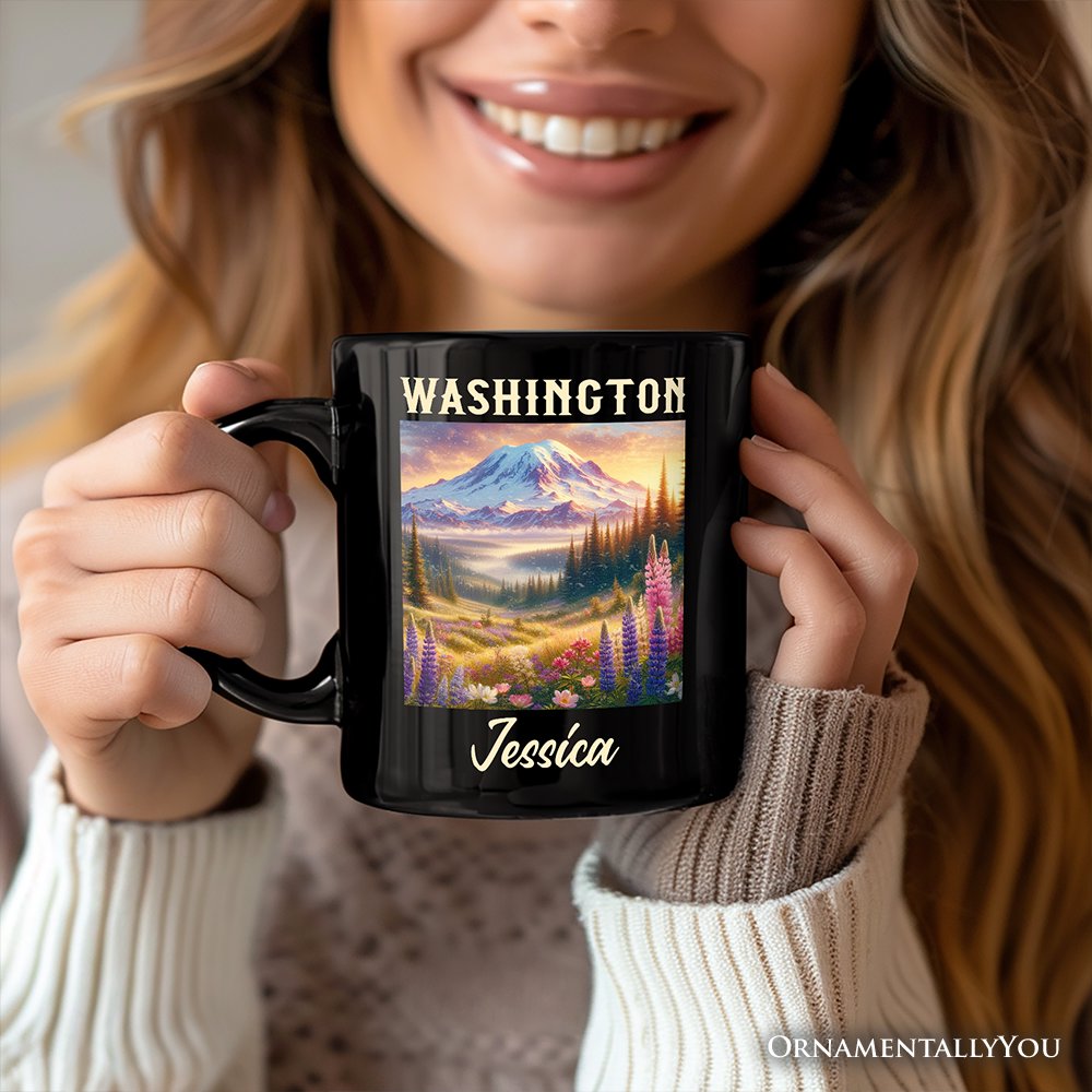 Artistic Mount Rainier Washington State Personalized Mug, National Park Gift and Pacific Northwest Souvenir with Custom Name