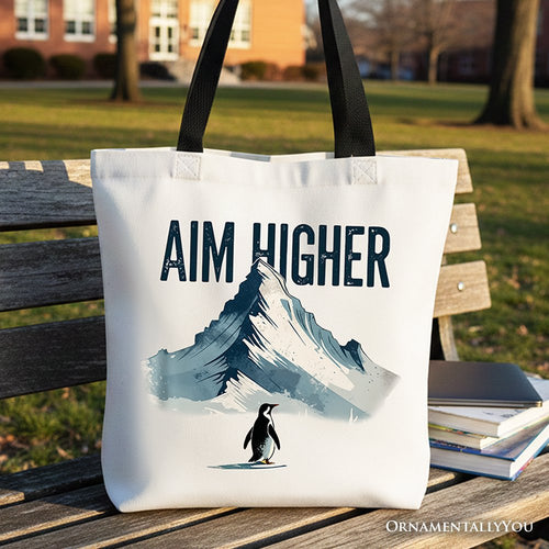 Aim Higher Penguin Tote Bag, Vintage Mountain Motivational Quote Gift Shopper