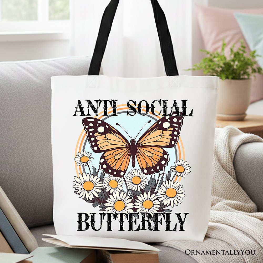 Anti Social Butterfly Canvas Tote Bag, Retro Gift Shopper for Quirky and Independent Women