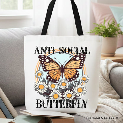 Anti Social Butterfly Canvas Tote Bag, Retro Gift Shopper for Quirky and Independent Women