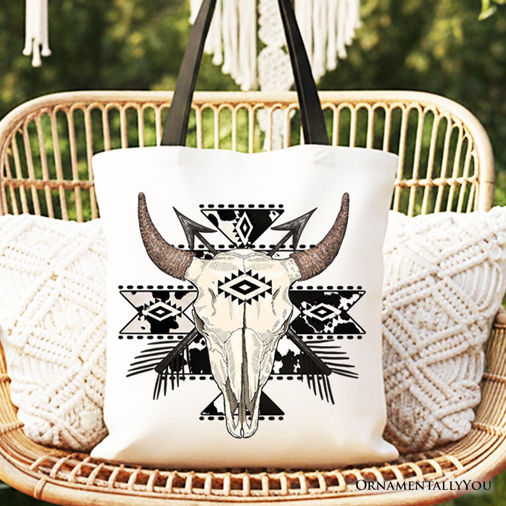 Aztec Tribal Bull Skull Canvas Tote Bag, Western Boho Gift Shopper