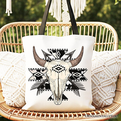 Aztec Tribal Bull Skull Canvas Tote Bag, Western Boho Gift Shopper