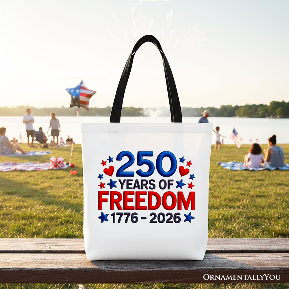 250 Years Freedom Faux Varsity Patch Tote Bag, 4th of July USA Patriotic 1776–2026 Gift Shopper