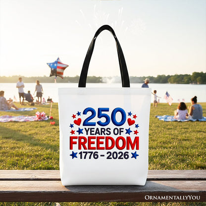250 Years Freedom Faux Varsity Patch Tote Bag, 4th of July USA Patriotic 1776–2026 Gift Shopper