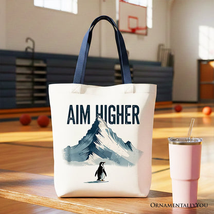 Aim Higher Penguin Tote Bag, Vintage Mountain Motivational Quote Gift Shopper
