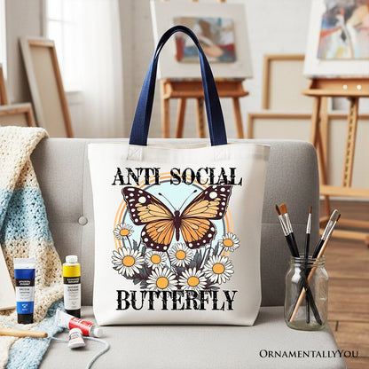 Anti Social Butterfly Canvas Tote Bag, Retro Gift Shopper for Quirky and Independent Women