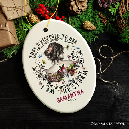 Artistic Feminine Customized Female Quote I am the Storm Ornament, Sassy Tattoo Gypsy Style Gift for Women and Girls