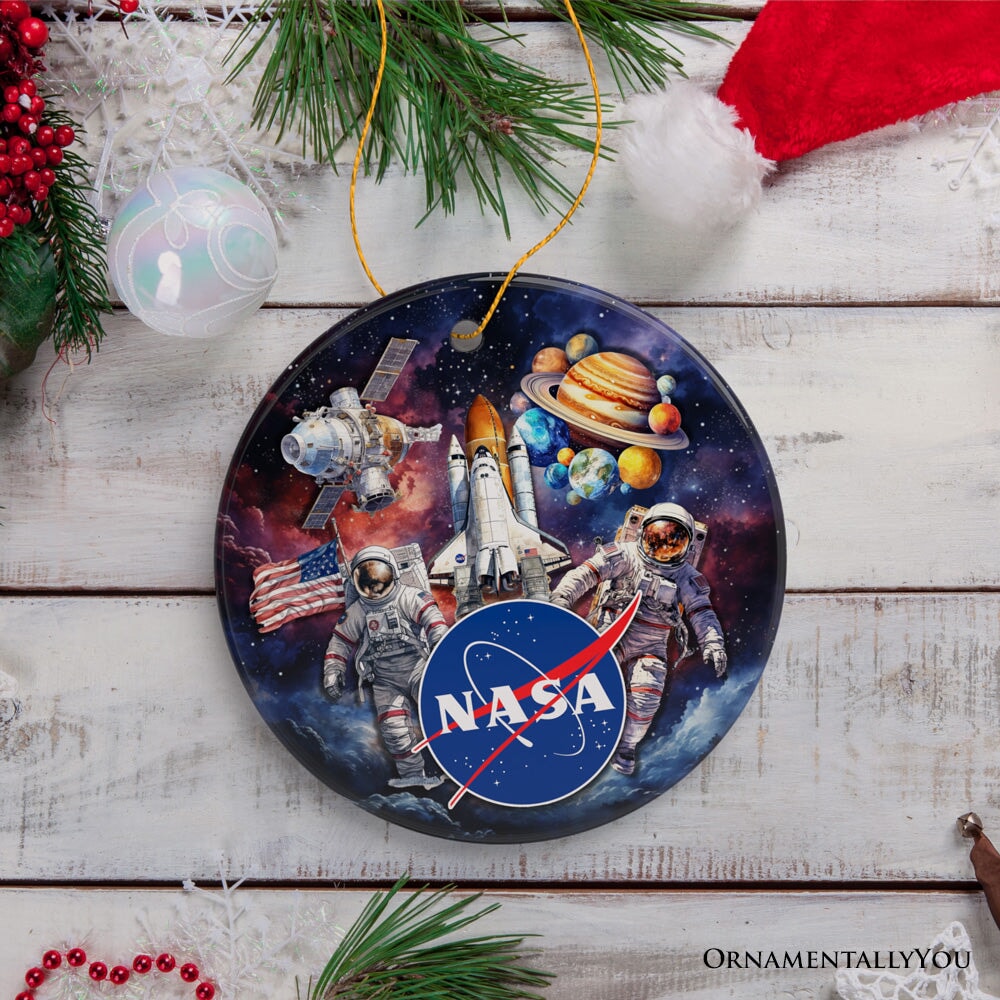 Artistic NASA Handcrafted Ornament, Astronaut in Outer Space with the Planets