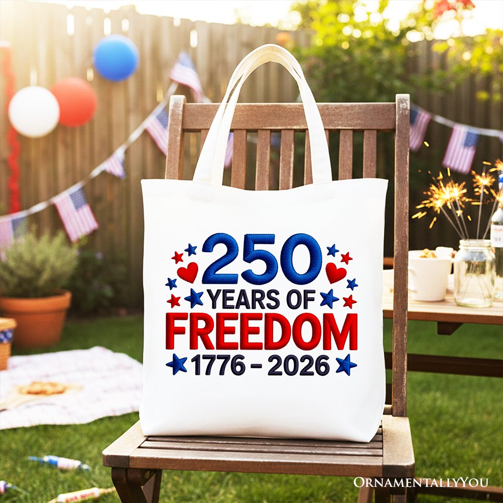 250 Years Freedom Faux Varsity Patch Tote Bag, 4th of July USA Patriotic 1776–2026 Gift Shopper