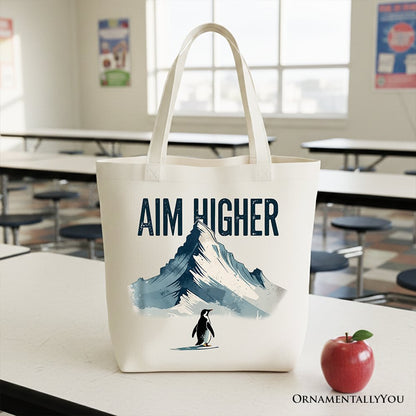 Aim Higher Penguin Tote Bag, Vintage Mountain Motivational Quote Gift Shopper