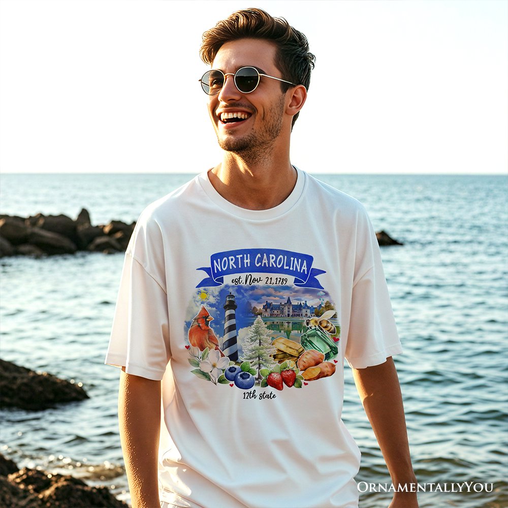 Artistic North Carolina State Themes and Landmarks T-Shirt, Tee for History and Travel Lovers