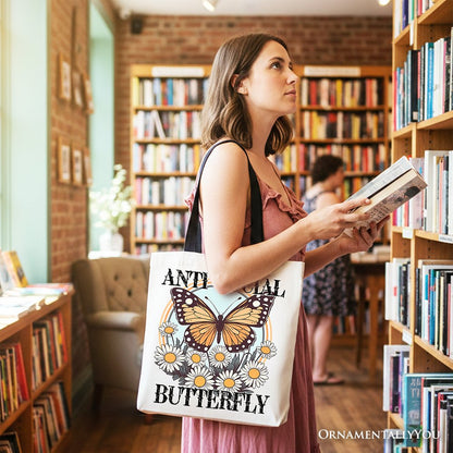 Anti Social Butterfly Canvas Tote Bag, Retro Gift Shopper for Quirky and Independent Women