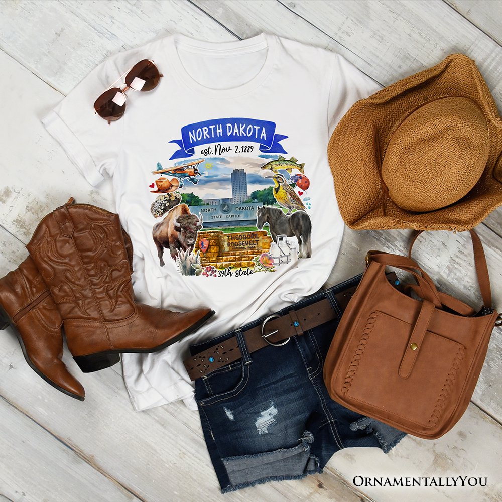 Artistic North Dakota State Themes and Landmarks T-Shirt, Tee for History and Travel Lovers