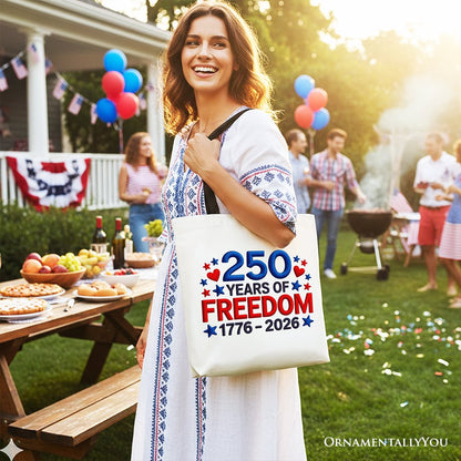 250 Years Freedom Faux Varsity Patch Tote Bag, 4th of July USA Patriotic 1776–2026 Gift Shopper