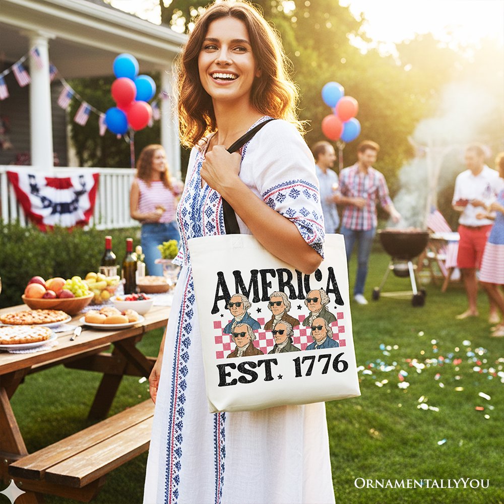America Est 1776 Founding Fathers Vintage Canvas Tote Bag, Retro Patriotic Gift Shopper