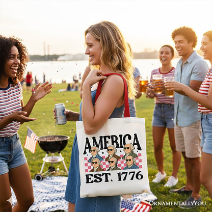 America Est 1776 Founding Fathers Vintage Canvas Tote Bag, Retro Patriotic Gift Shopper