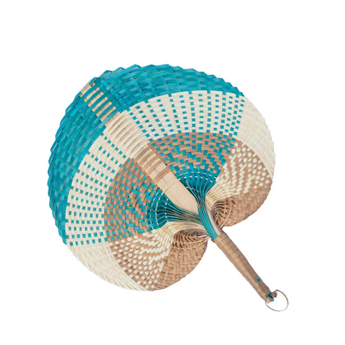 Raffia Rattan Wicker Woven Straw Hand Fan Natural Brown Turquoise