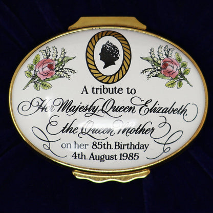 Halcyon Days 85th Birthday HM Queen Elizabeth The Queen Mother Enamel Box