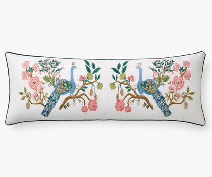 Embroidered Lumbar Pillow Cover - Peacock White