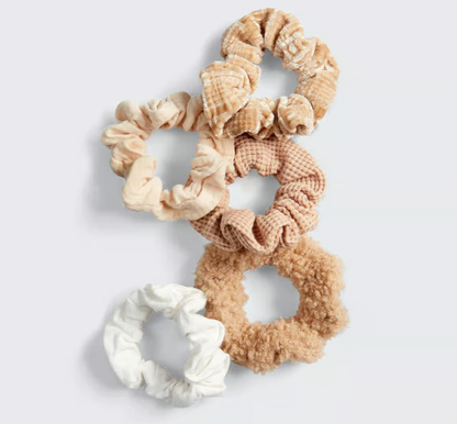 Assorted Textured Scrunchies 5pc in Black/Sand