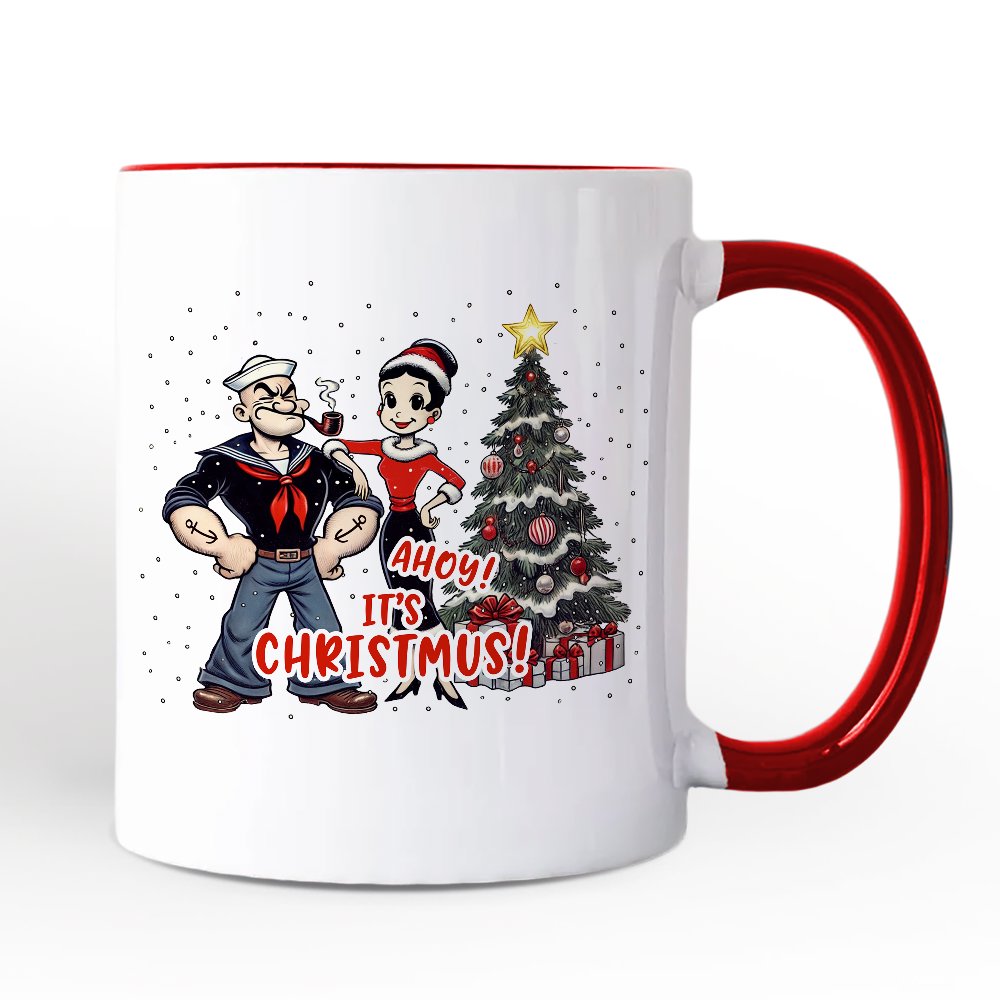 Ahoy! It's Christmus! Popeye and Olive Personalized Mug, Vintage Sailor Christmas Gift with Custom Name