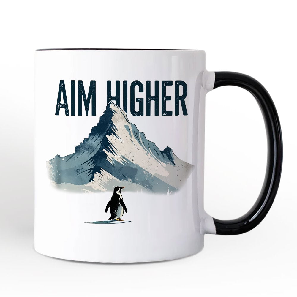 Aim Higher Penguin Personalized Mug, Vintage Mountain Motivational Quote Gift with Custom Name