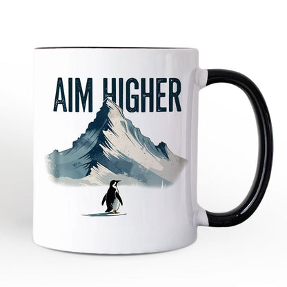 Aim Higher Penguin Personalized Mug, Vintage Mountain Motivational Quote Gift with Custom Name