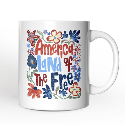 America Land of the Free Personalized Mug, Retro Floral Independence Day Gift with Custom Name