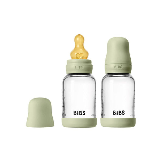 BIBS 2 Pack Slow Flow Glass Baby Bottle Round Latex - 120ml - Sage