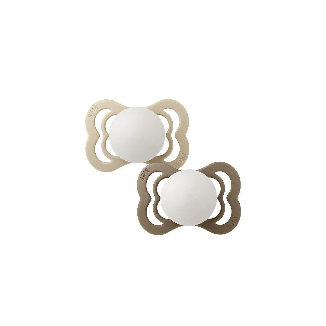 BIBS Pacifier Supreme 2 Pack Silicone - Vanilla Glow / Dark Oak Glow
