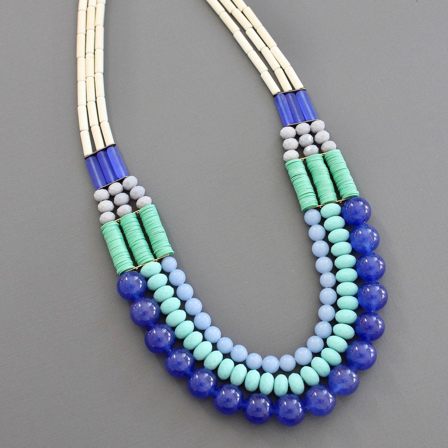 cobalt & turquoise triple strand necklace