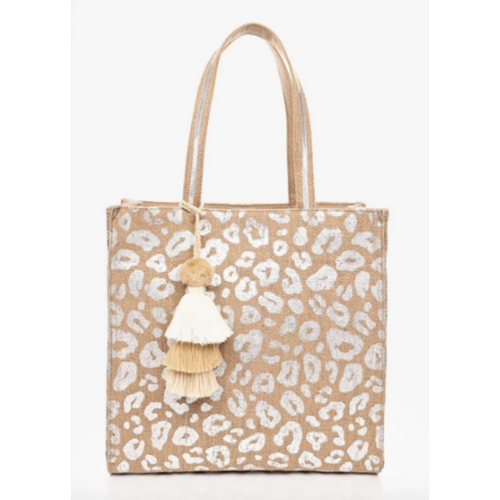 Leopard Handwoven Jute Brown Tote with Tassel - Silver